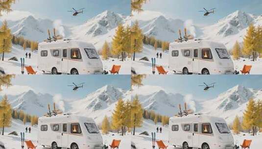 雪山下房车露营直升机飞过高清在线视频素材下载