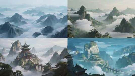 云雾缭绕的中式山水风光高清在线视频素材下载