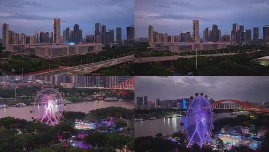 佛山新城摩天轮夜景航拍素材高清在线视频素材下载