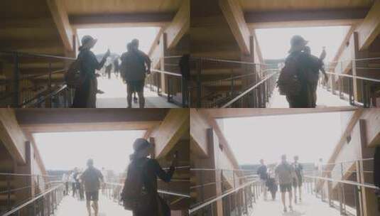 行人通过木质通道场景高清在线视频素材下载