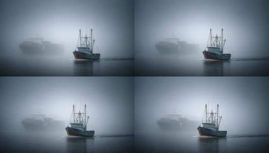 迷雾中航行的渔船与货轮的相遇高清在线视频素材下载