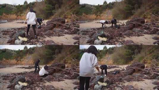 男人和女人在海滩上清理垃圾的时间推移，背高清在线视频素材下载