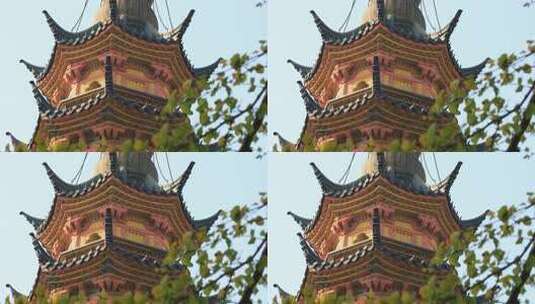阳光银杏叶宋代古塔局部行写高清在线视频素材下载