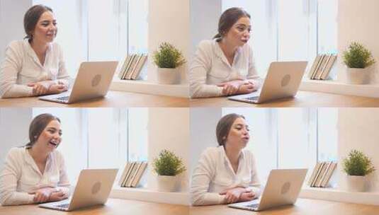 年轻女孩与客户交谈、讨论、谈判高清在线视频素材下载