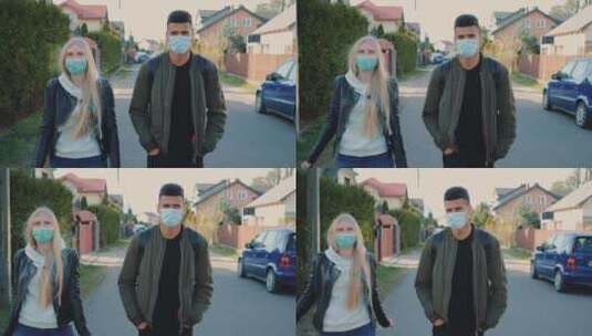戴着口罩的情侣在街上散步高清在线视频素材下载
