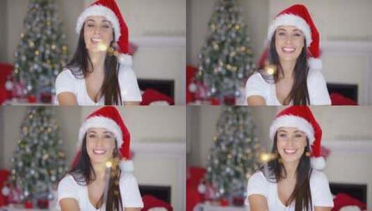 戴红色圣诞帽的女子高清在线视频素材下载