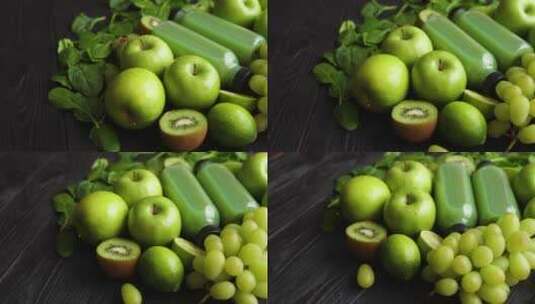 木桌上的绿色水果和蔬菜高清在线视频素材下载