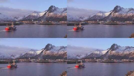 一艘渔船穿过北极的峡谷高清在线视频素材下载