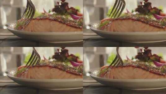 餐厅提供的美味的鲑鱼晚餐高清在线视频素材下载