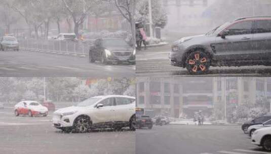 下雪城市道路行驶的车辆高清在线视频素材下载