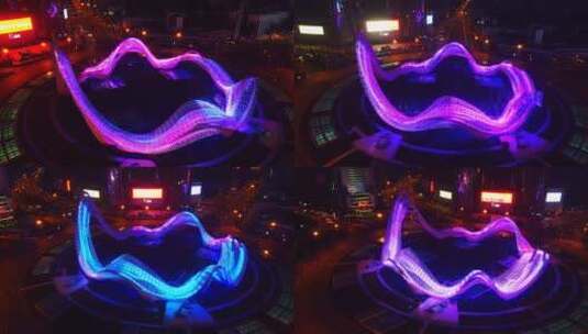 航拍武汉封城光谷广场雕塑彩灯 转 夜景高清在线视频素材下载