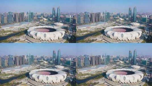 建设中的杭州之门和奥体中心高空航拍高清在线视频素材下载