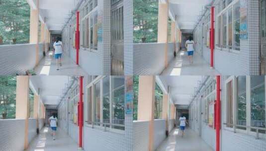 中学女生在学校教学楼走廊奔跑4k视频素材高清在线视频素材下载