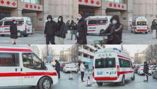 冬季北方沈阳医院门前急救车启动出发高清在线视频素材下载