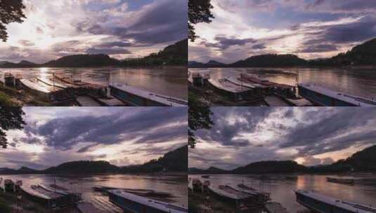 停泊在河上的旅游船伴着夕阳高清在线视频素材下载