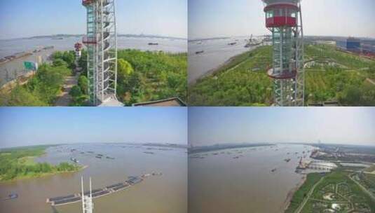 航拍长江扬州六圩灯塔公园轮船货轮高清在线视频素材下载