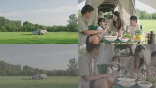 一家人户外露营野营吃饭享受午餐高清在线视频素材下载