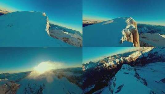 FPV穿越机无人机航拍雪山森林日出天际线高清在线视频素材下载