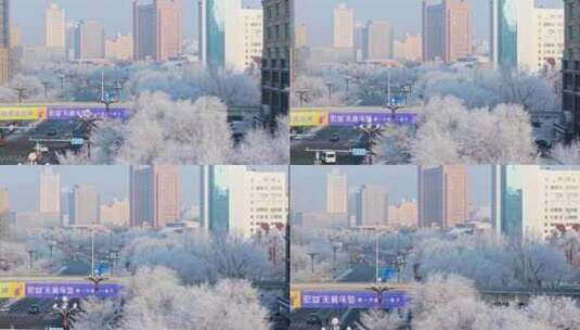 中国黑龙江哈尔滨城区雾凇雪景航拍高清在线视频素材下载