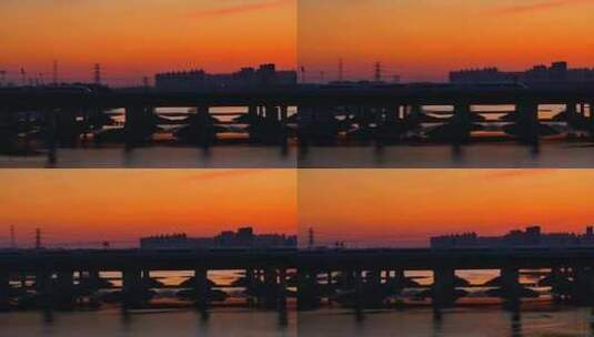 夕阳日落下的高铁驶过高清在线视频素材下载