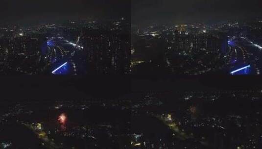 广东东莞：航拍元宵节夜景 烟花绽放高清在线视频素材下载