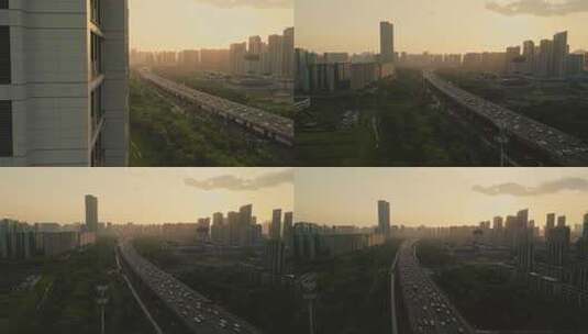 航拍杭州城市机场高架车流夕阳风光高清在线视频素材下载