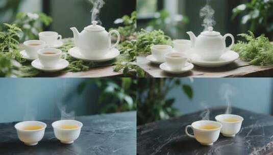 白色茶具与绿植搭配的茶景高清在线视频素材下载