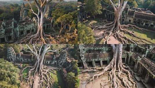 古树缠绕古老建筑俯瞰高清在线视频素材下载