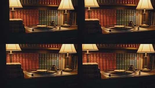 室内书架旁的唱片机素材高清在线视频素材下载