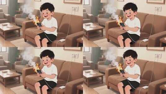 男孩沙发玩手机手机燃烧画面高清在线视频素材下载