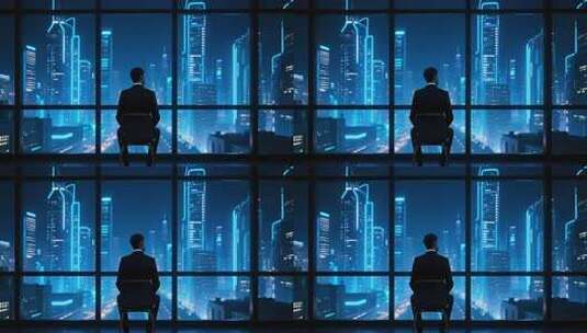 男子坐窗前眺望未来城市夜景高清在线视频素材下载