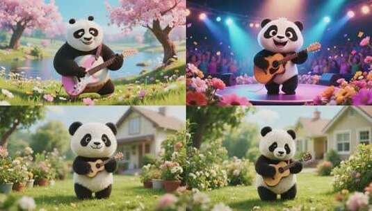 熊猫玩电吉他与乡村生活舞台秀高清在线视频素材下载