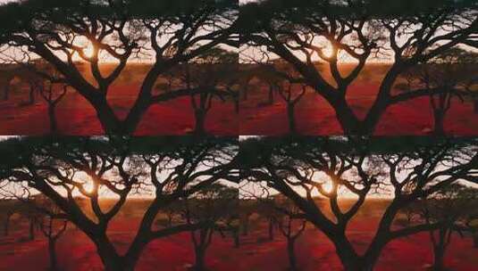 非洲草原日落树林景象高清在线视频素材下载