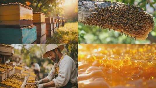 树枝上的蜜蜂与蜂巢高清在线视频素材下载