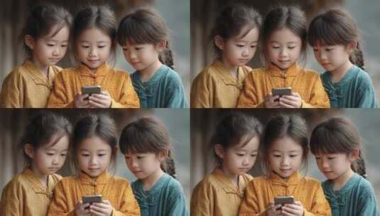 三个女孩在传统服饰下专注使用手机高清在线视频素材下载