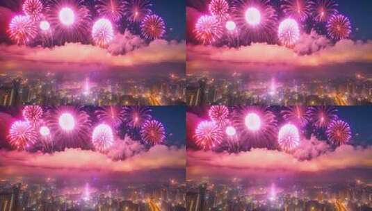 城市上空绽放的绚烂烟花高清在线视频素材下载