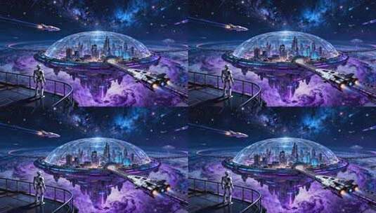 机器人眺望未来太空城市高清在线视频素材下载