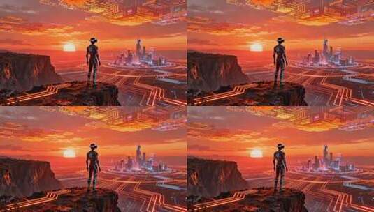 戴VR设备者眺望未来科技城市高清在线视频素材下载