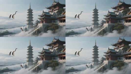 古风建筑与飞鹤景观素材高清在线视频素材下载