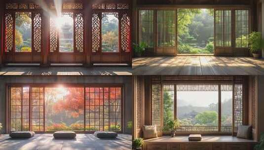 室内透过木窗望户外森林景色高清在线视频素材下载