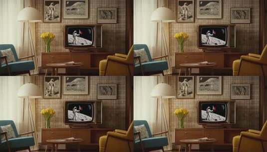 复古客厅电视机播放太空画面高清在线视频素材下载