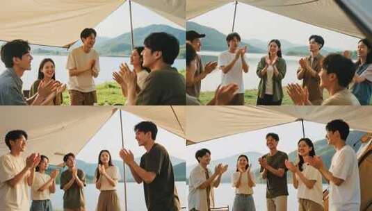 年轻人户外露营鼓掌场景高清在线视频素材下载