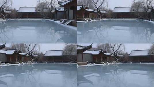 雪景中的中式古建筑景观高清在线视频素材下载