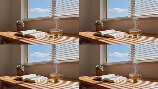 窗边木桌书籍与热茶场景高清在线视频素材下载