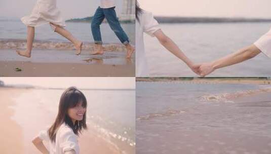 沙滩浪漫情侣海边互动奔跑爱情唯美慢镜头高清在线视频素材下载