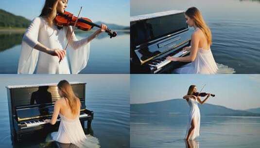 湖畔钢琴小提琴演奏高清在线视频素材下载