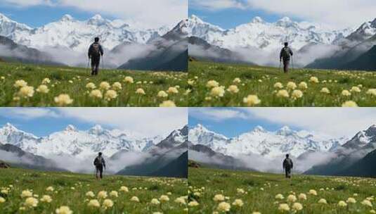 草原花海雪山下的徒步登山者高清在线视频素材下载