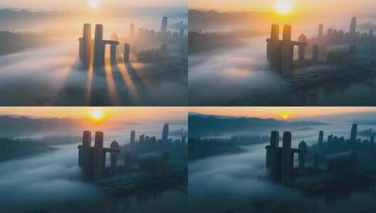 城市高楼日出云海航拍画面高清在线视频素材下载