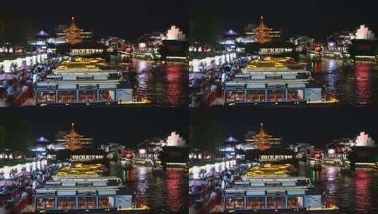 南京秦淮河畔夜景游船画面高清在线视频素材下载