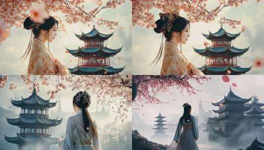 古韵樱花汉服美女春日邂逅樱花飘落古典建筑高清在线视频素材下载